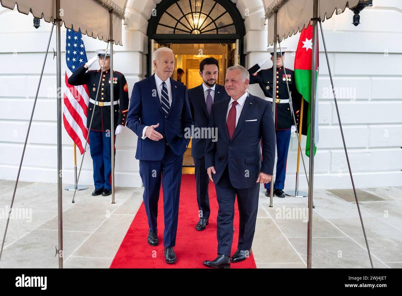 Washington, United States Of America. 13th Feb, 2024. Washington, United States of America. 12 February, 2024. U.S President Joe Biden, left, escorts Jordan King Abdullah II, right, and his son Crown Prince Hussein, center, to their motorcade following talks on the situation in the Gaza Strip at the Diplomatic Entrance of the White House, February 12, 2024 in Washington, DC Credit: Oliver Contreras/White House Photo/Alamy Live News Stock Photo