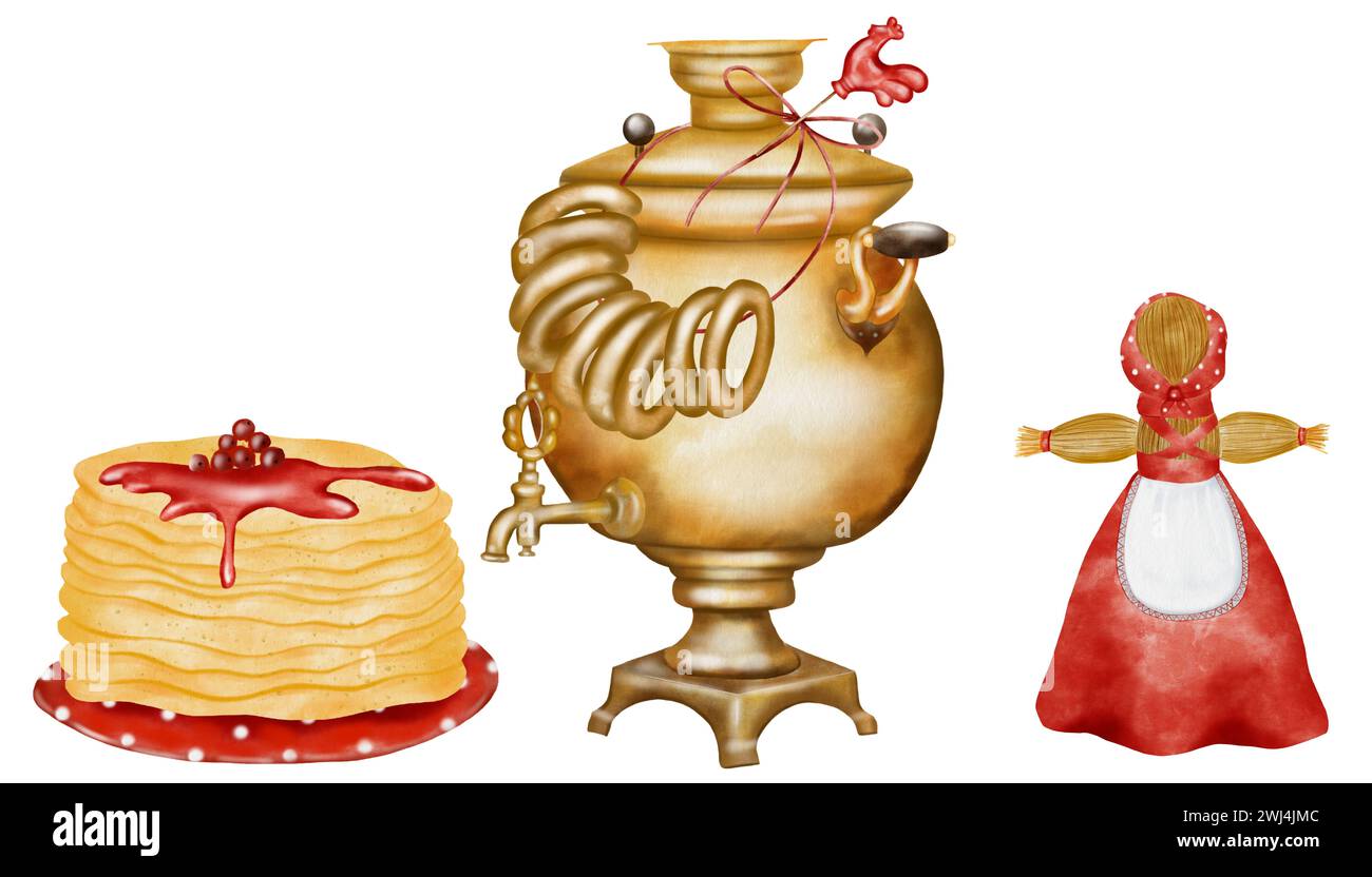 Watercolor set on Shrovetide isolated pictures on white background. Samovar with bagels and rooster, straw effigy in national Russian costume and Stock Photo
