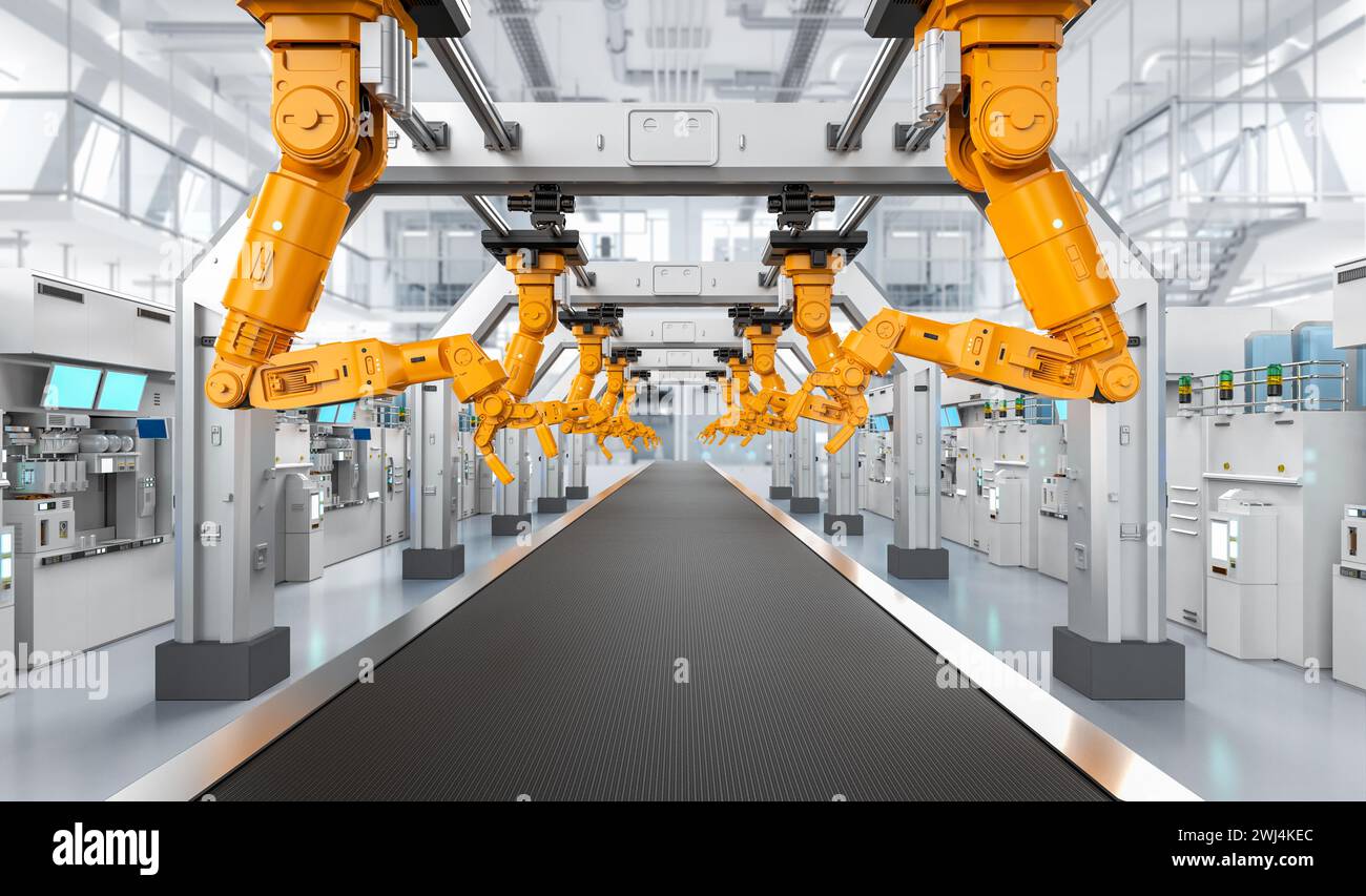Automation industry concept with 3d rendering robot assembly line in ...
