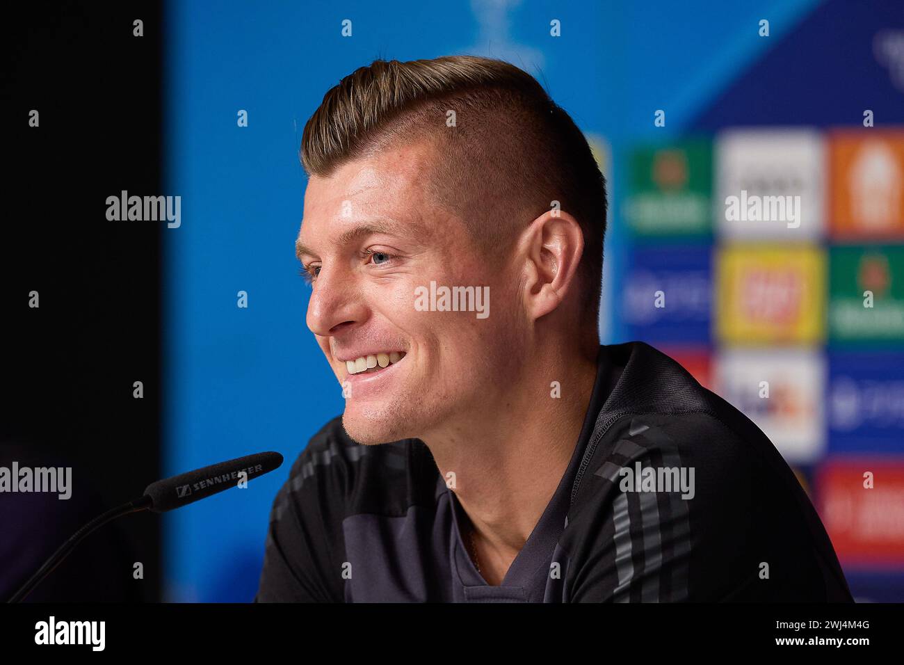 Leipzig, Germany. 12th Feb, 2024. Toni Kroos of Real Madrid attends a press conference on the eve of the UEFA Champions League round of 16, first-leg football match between RB Leipzig and Real Madrid CF in the Red Bull Arena. (Photo by Federico Titone/SOPA Images/Sipa USA) Credit: Sipa USA/Alamy Live News Stock Photo