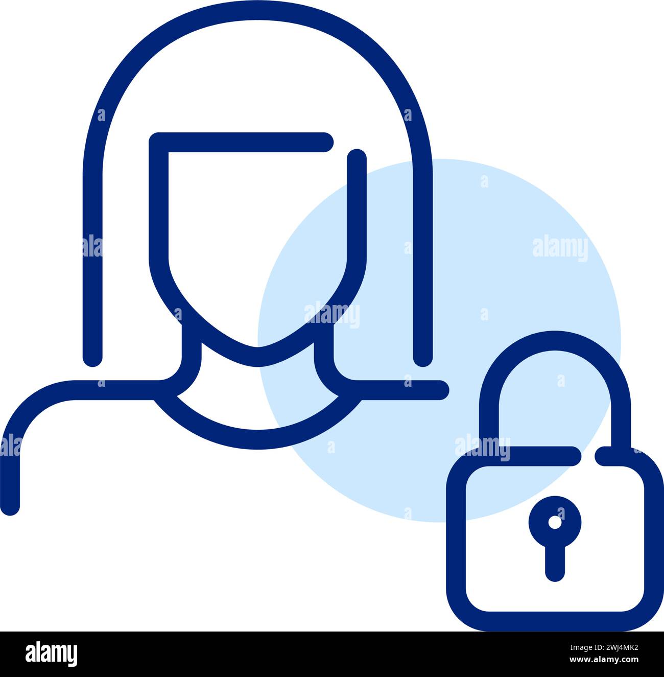 Female user secure account access. Woman and locked padlock. Pixel perfect, editable stroke Stock Vector