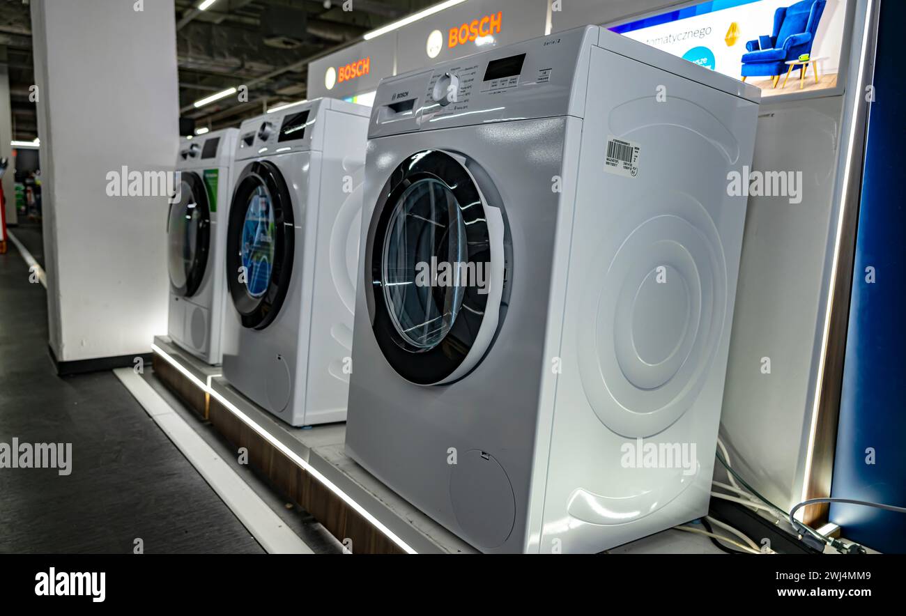 POZNAN, POL DEC 8, 2023 Frontloader washing machines by Bosh put up