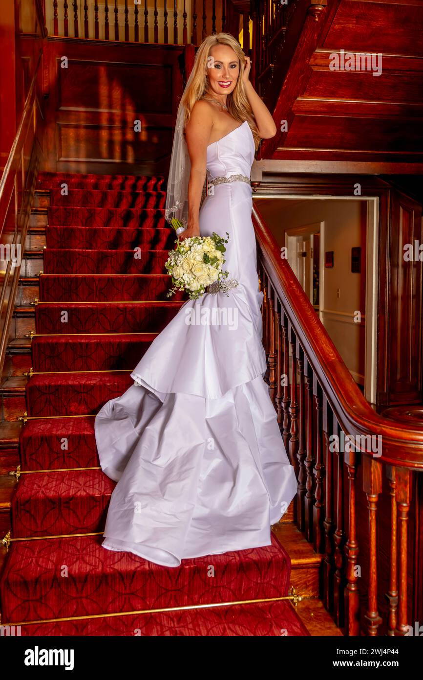 Ethereal Elegance: Radiant Blonde Bride's Graceful Pre-Wedding Poses Illuminate the Anticipation and Beauty of Her Special Day Stock Photo