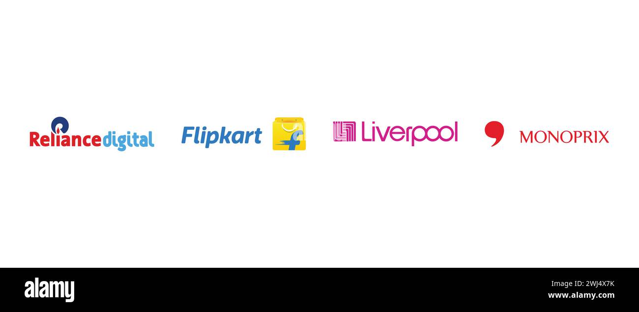 Flipkart, Monoprix, Reliance Digital , El Puerto de Liverpool. Vector illustration, editorial logo. Stock Vector