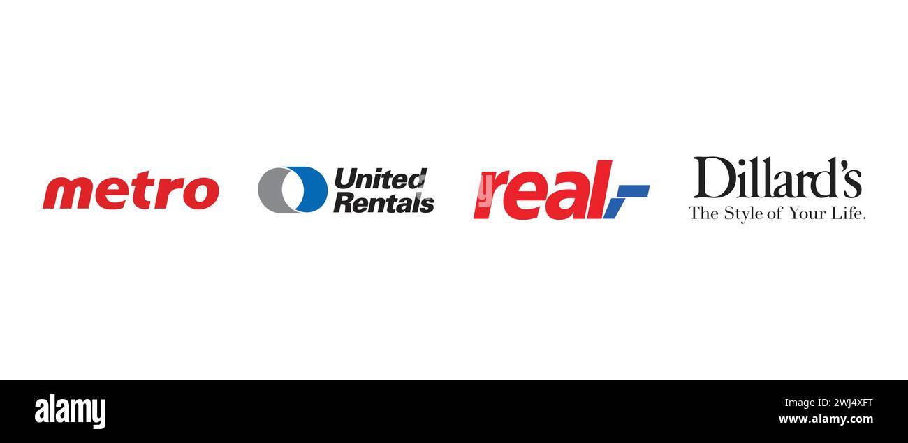 Metro Inc , Real, Dillards , United Rentals. Vector illustration, editorial logo. Stock Vector