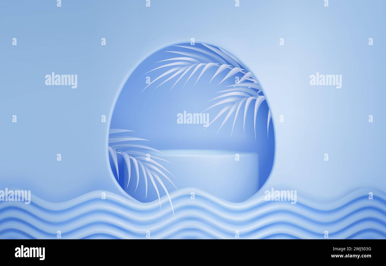 Cylinder podium in oval window. Vector realistic illustration of blue