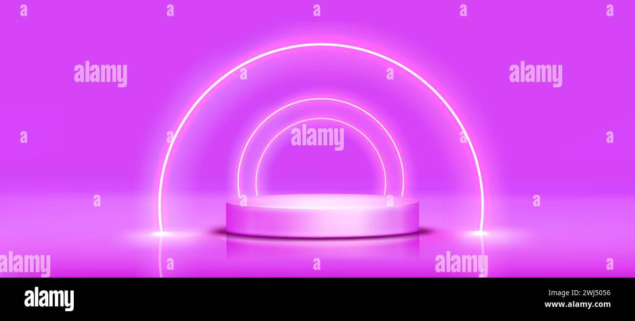 Round podium with neon light arch glowing on purple background. Vector realistic illustration of cylinder platform mockup for product presentation, led tubes decoration, futuristic showroom design Stock Vector