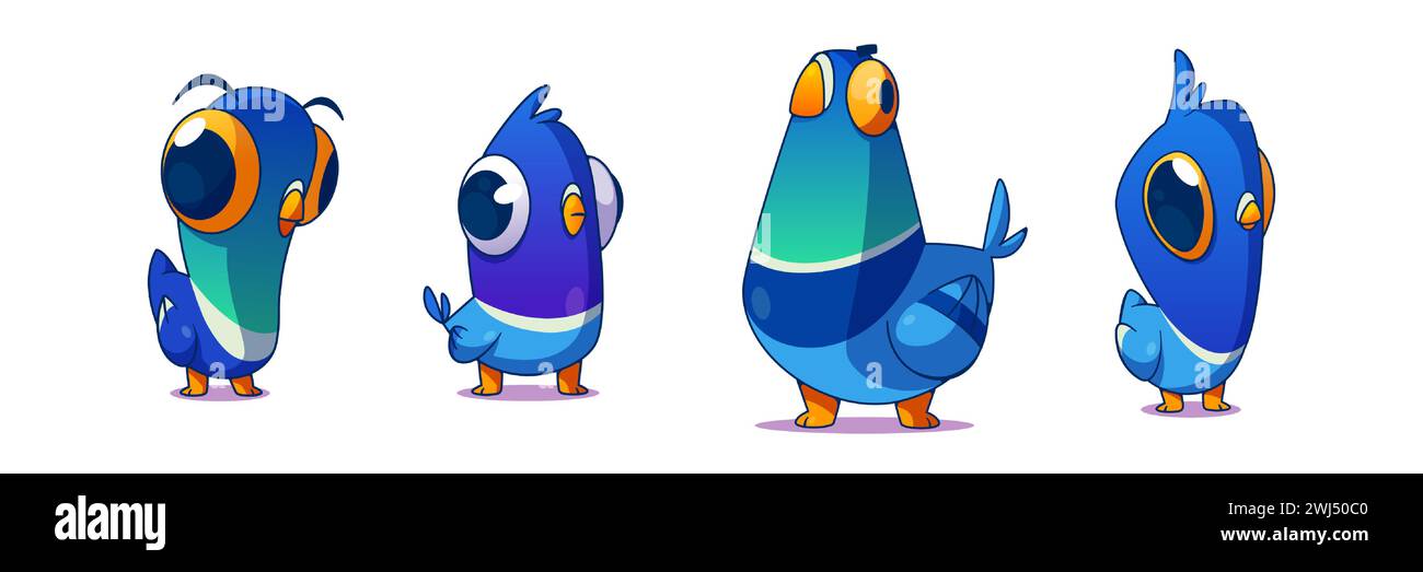 Pigeon funny cartoon character set. Vector illustration collection of different blue wild city dove with dumb face expression. Various comic bird mascot with beak and wings standing and watching. Stock Vector