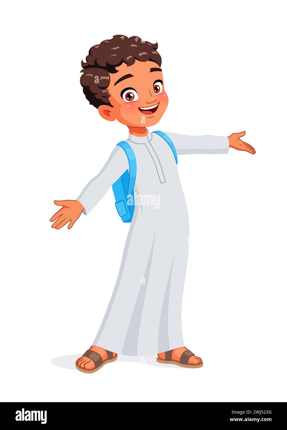 Arab school boy greeting with wide open arms. Cartoon vector illustration. Stock Vector