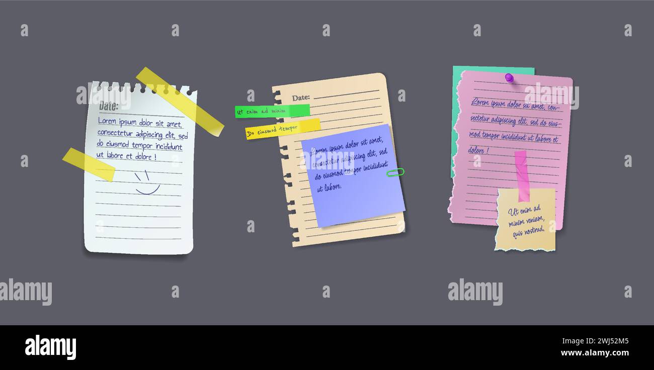 Torn notepad pages with text on bulletin board realistic vector ...