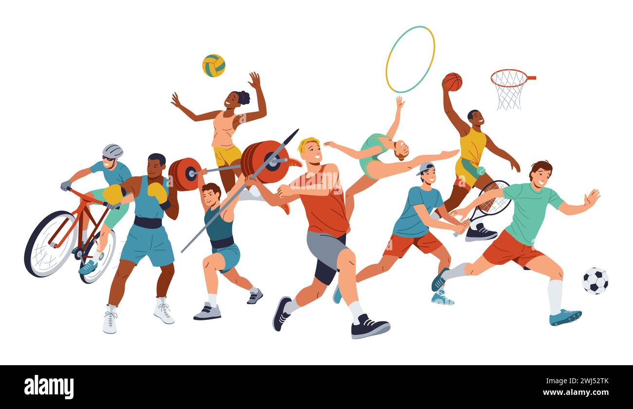 Athletes in different summer disciplines color vector icon big set. Positive sportspeople group. Sports competitions illustration pack on white backgr Stock Vector