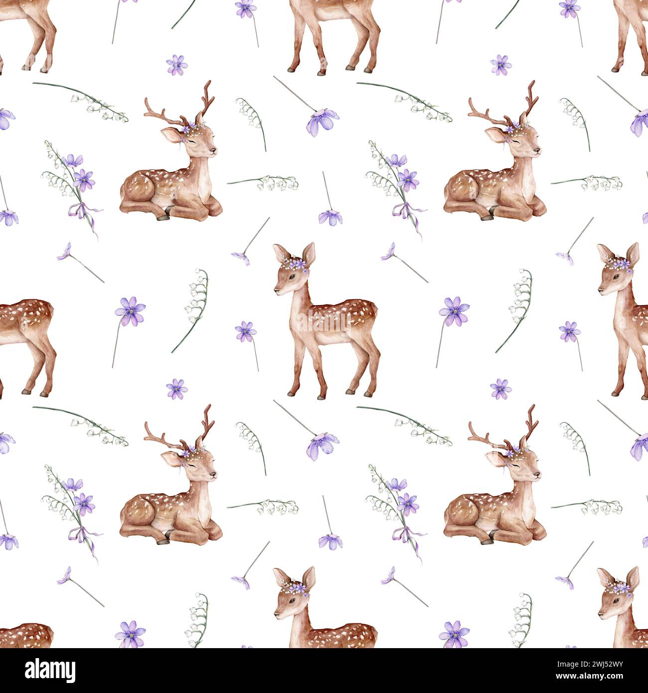 Watercolor seamless pattern deer and first spring flowers. Flowers violet coppice and lily of the violet valley green branches. Spotted deer isolated Stock Photo