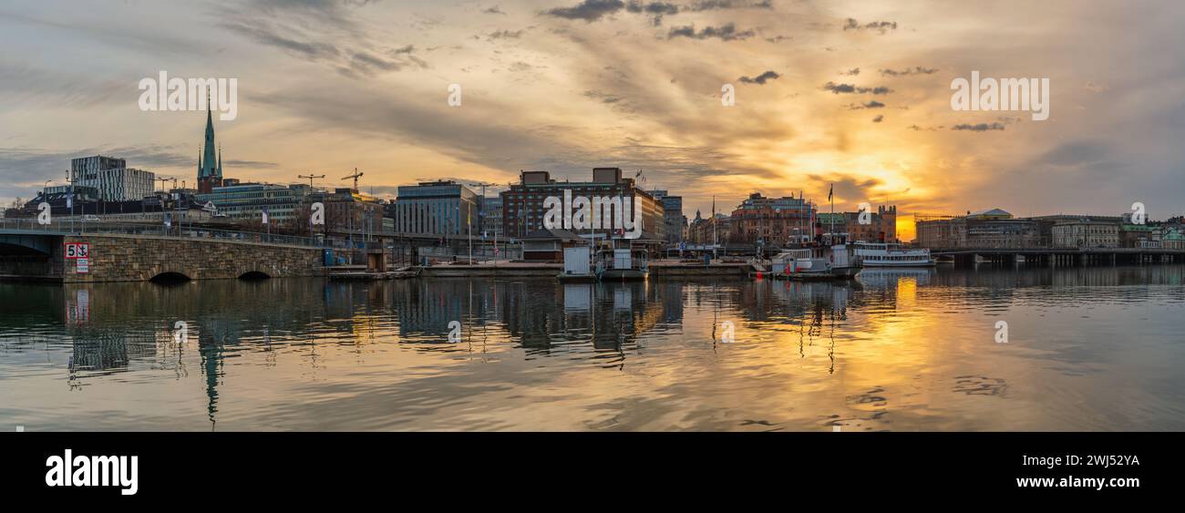 Stockholm Sweden, sunrise panorama city skyline at new town Stock Photo