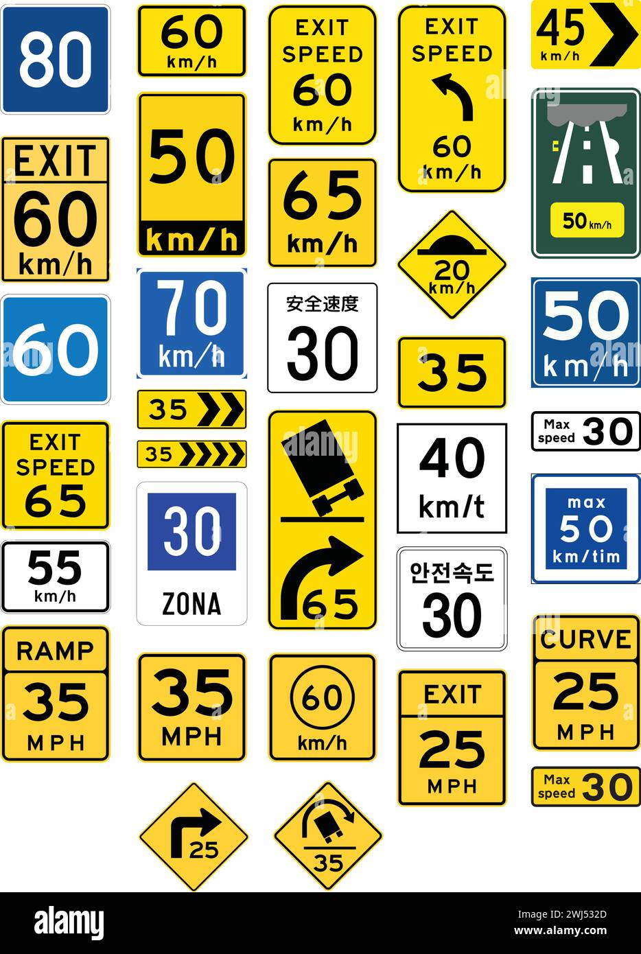 Advisory speed limit, An advisory speed limit is a speed recommendation by a governing body, used when it may be non-obvious to the driver Stock Vector