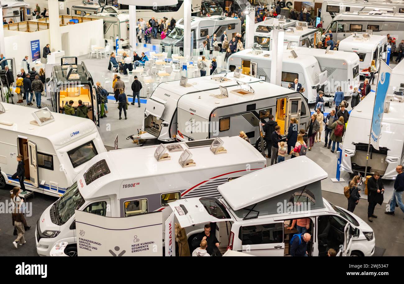 Mobile home fair with various mobile home providers on the exhibition center in Hamburg Stock Photo