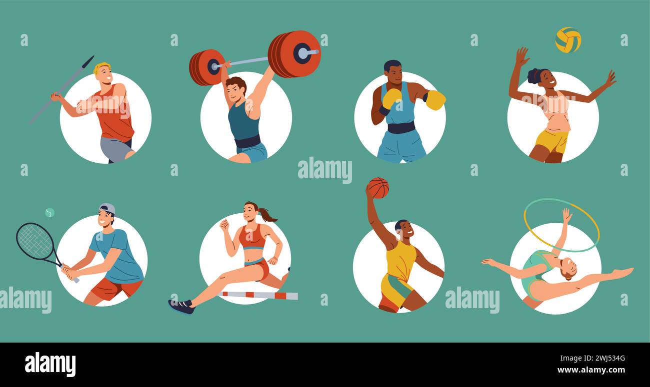 Happy athletes avatars color vector icon big set. Sports persons performing sports exercises in summer illustration pack on green background Stock Vector