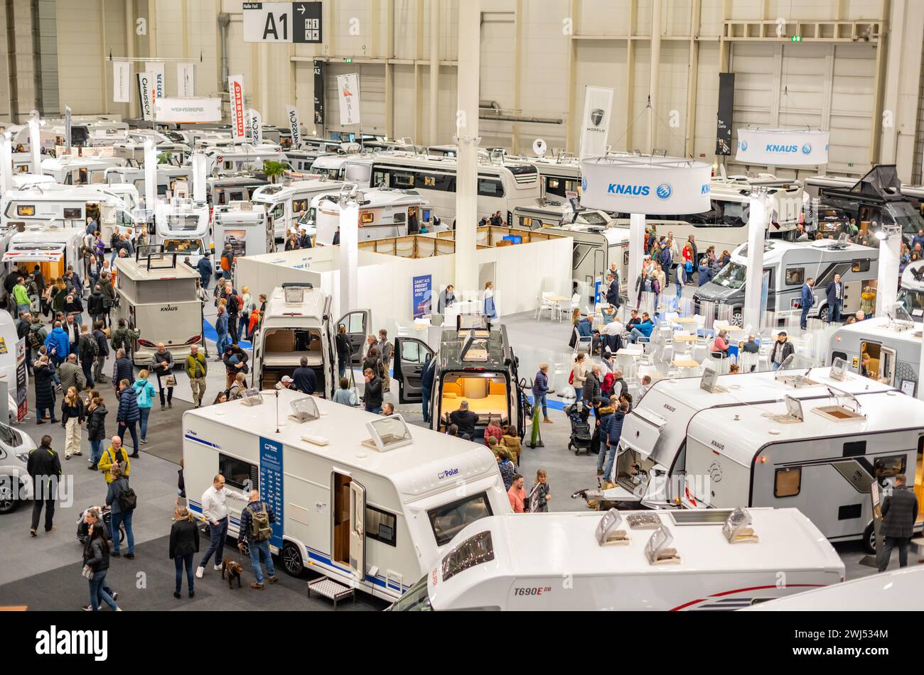 Mobile home fair with various mobile home providers on the exhibition center in Hamburg Stock Photo