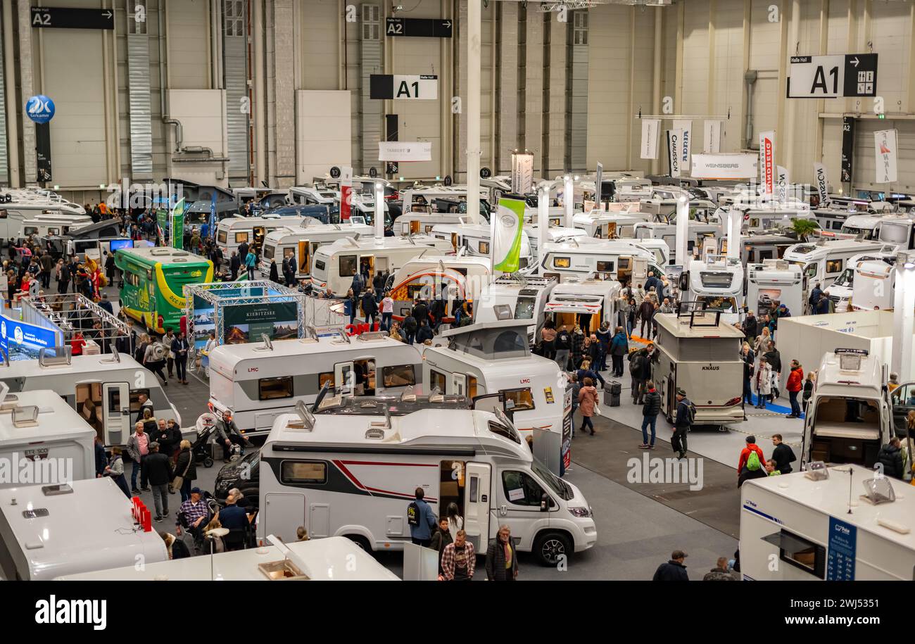 Mobile home fair with various mobile home providers on the exhibition center in Hamburg Stock Photo