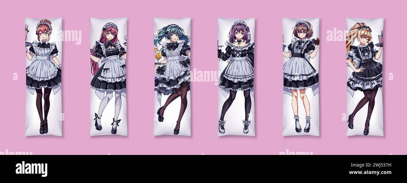 Pretty girls in maid cafe uniforms dakimakura color vector template set. Anime female characters in waitress dresses print for pillow collection Stock Vector