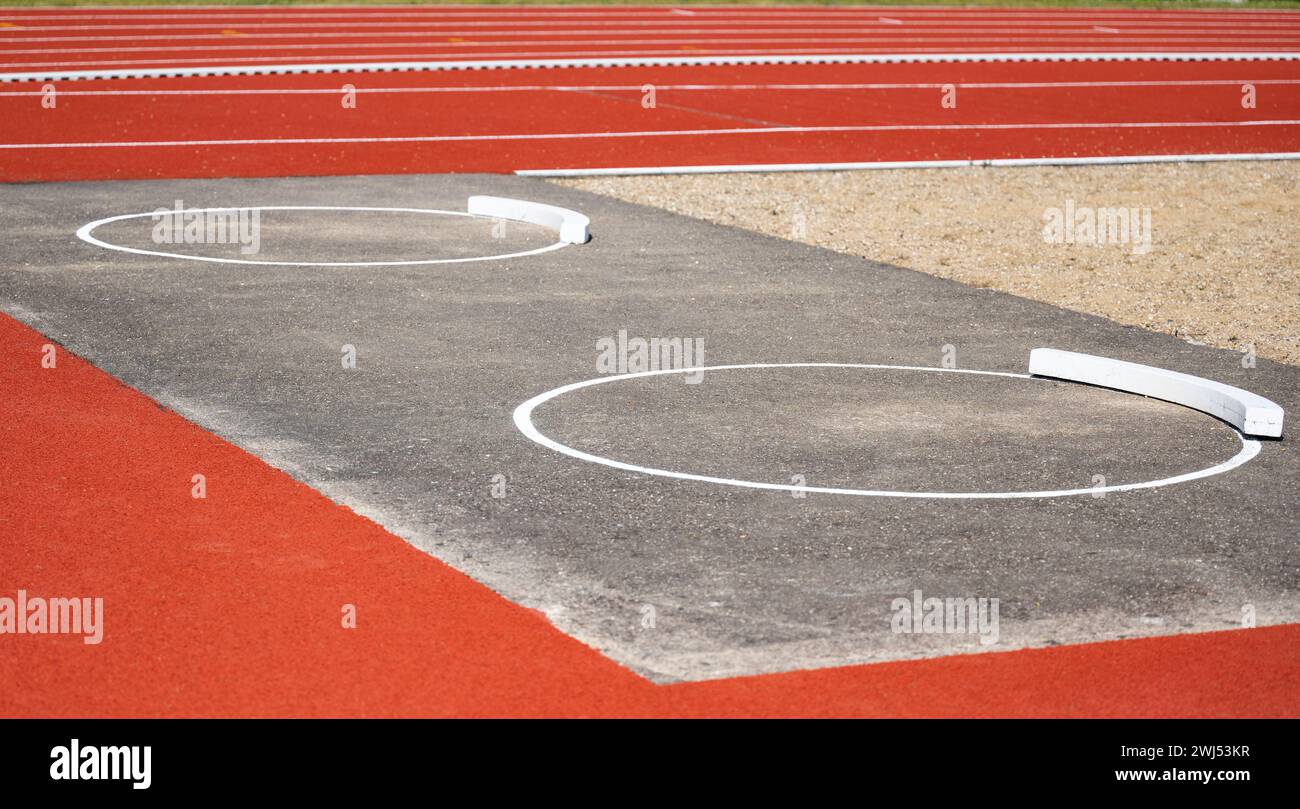 Equipment of a shot put pit on an athletics track Stock Photo Alamy