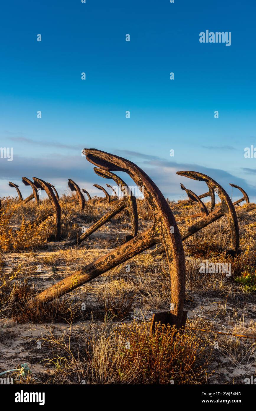 Rusty old anchors on the beach at the Anchor Cemetary graveyard at Praia do Barril beach, in Tavira, Algarve, Portugal Stock Photo