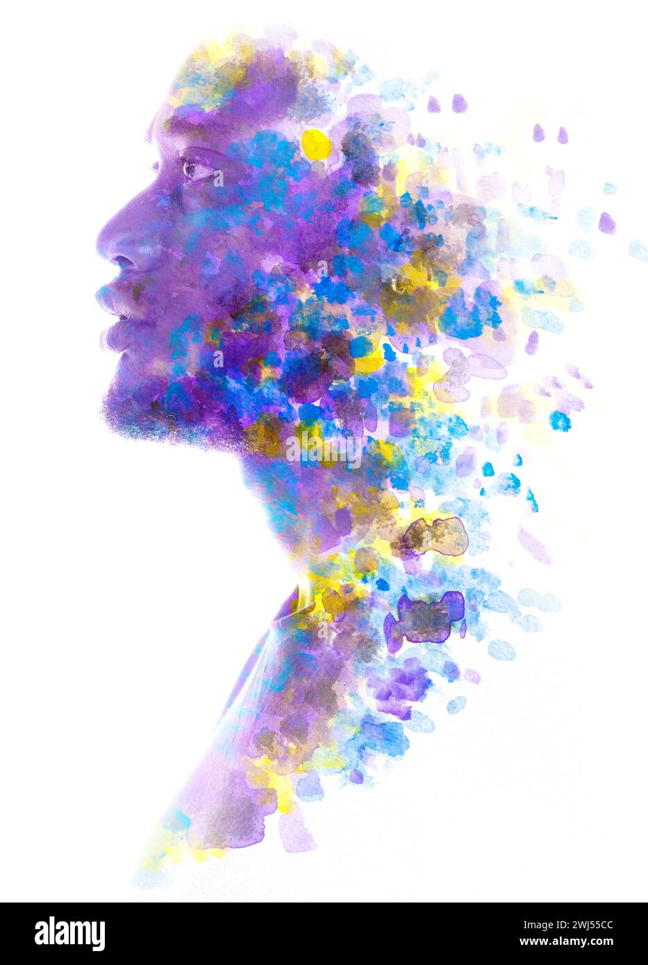 A disappearing colorful paintography double exposure male profile ...
