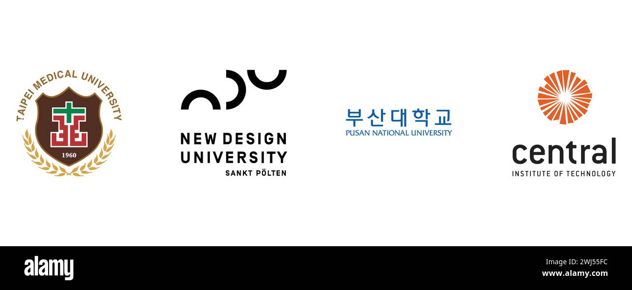 TAIPEI MEDICAL UNIVERSITY, PUSAN NATIONAL UNIVERSITY, CENTRAL INSTITUTE OF TECHNOLOGY, NEW DESIGN UNIVERSITY. vector icons on isolated background. Stock Vector