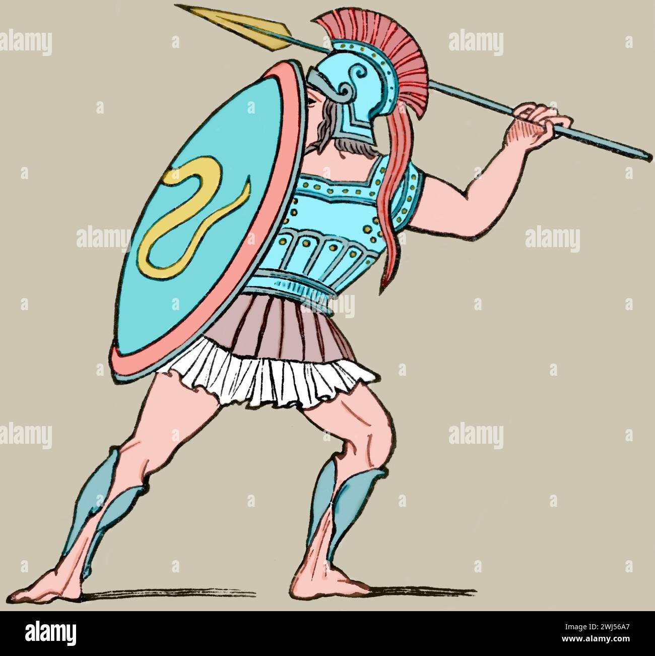 A Greek hoplite. Engraving from Ancient History, 1904. Colored. Stock Photo