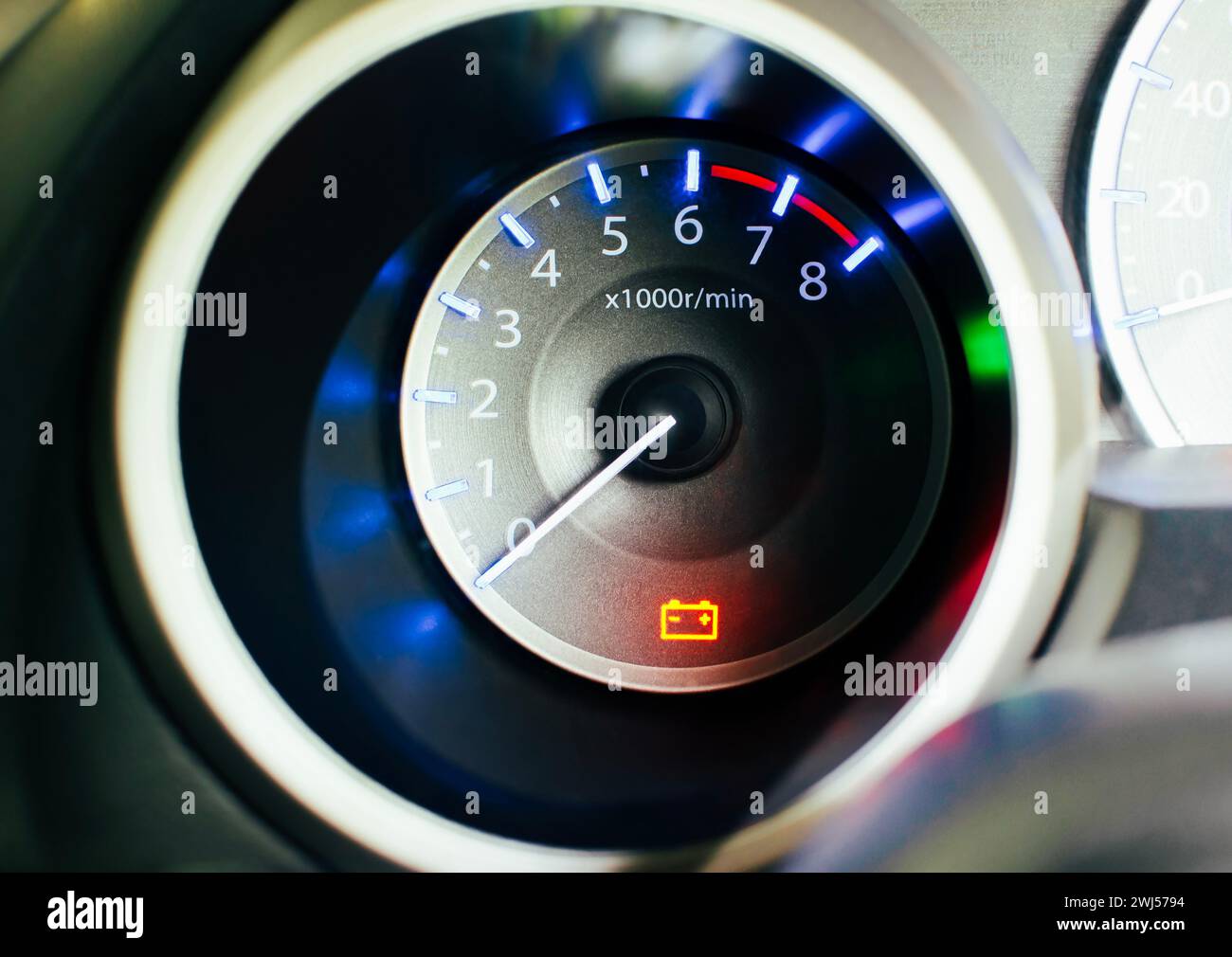 Car battery warning light on instrument panel of car, battery problem , Car maintenance concept
