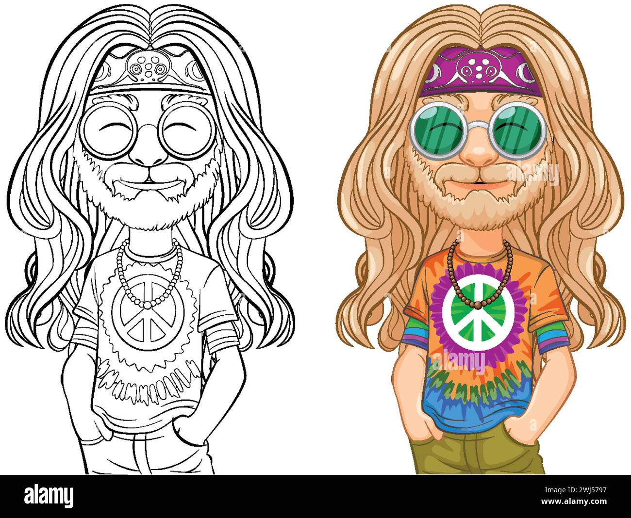 Colorful and line art hippie character drawings Stock Vector Image ...