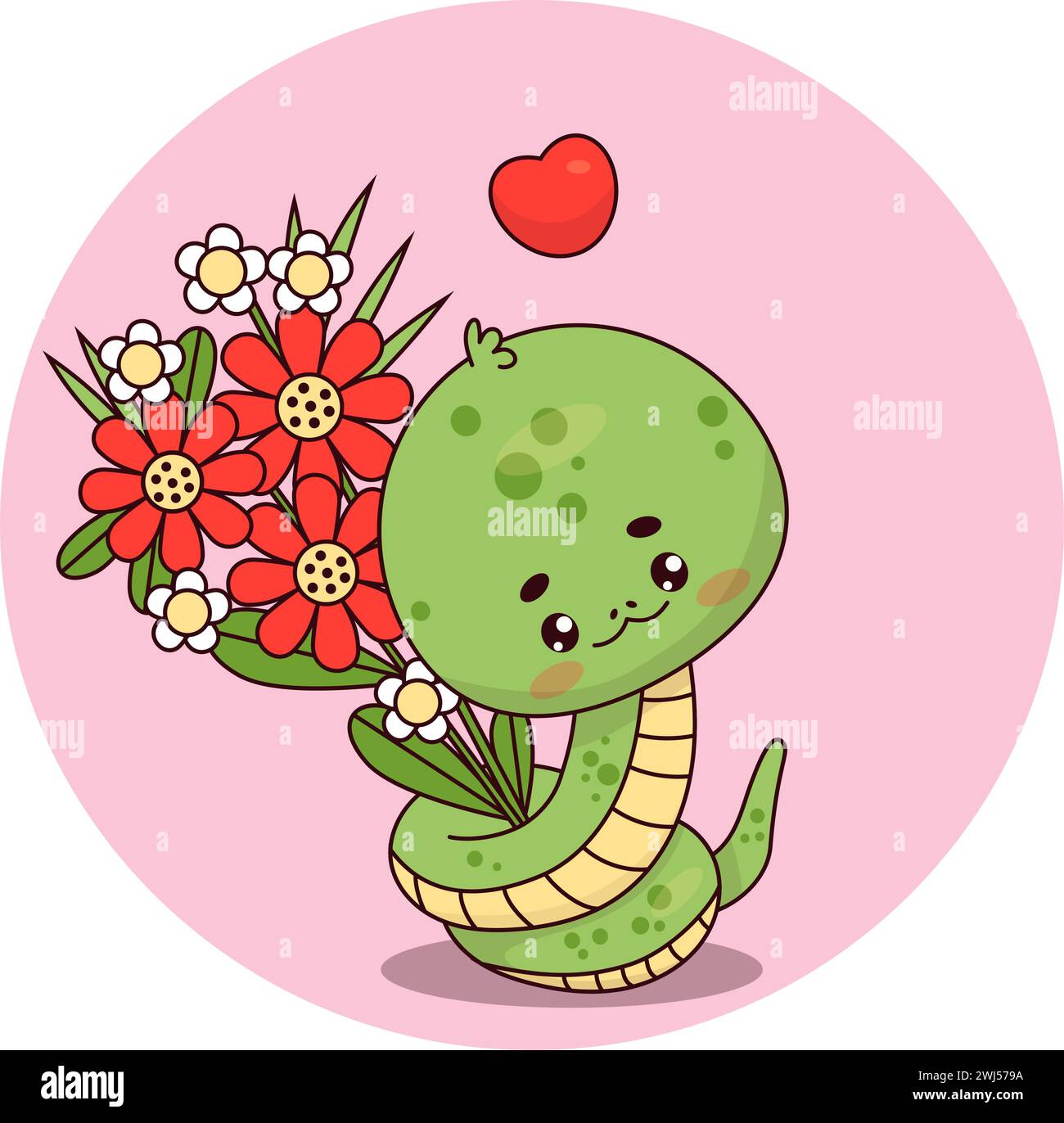 Cute snake with bouquet flowers. Romantic reptile kawaii character. Vector illustration with cartoon love serpent for valentines, holiday cards for bi Stock Vector