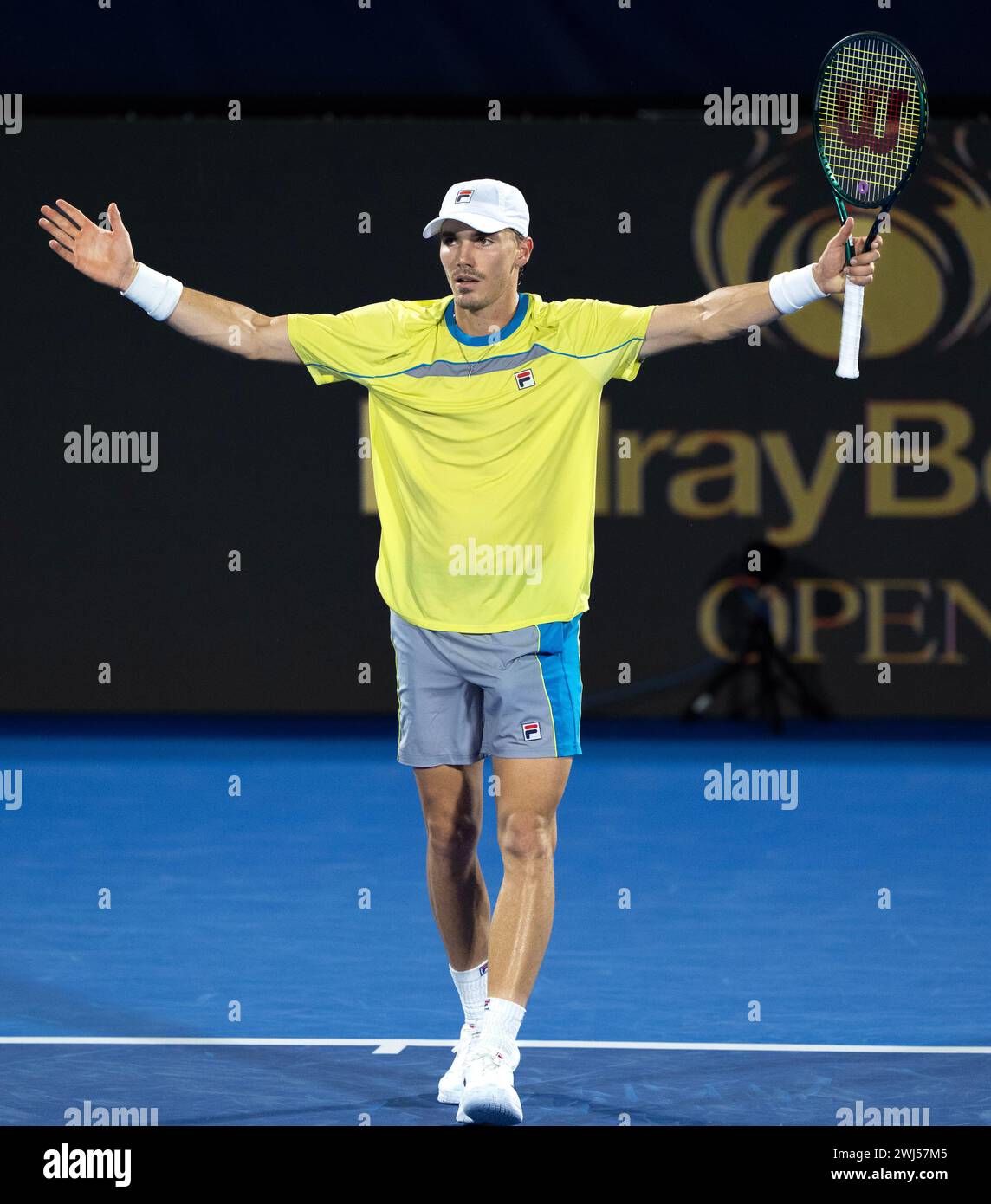 Delray Beach, Florida, USA. 12th Feb, 2024. PATRICK KYPSON of the United States reacts during his match against Miomir Kecmanovic of Serbia during the first round of the 2024 Delray Beach Open at the Delray Beach Tennis Center. Kypson defeated Kecmanovic in the match. (Credit Image: © Andrew Patron/ZUMA Press Wire) EDITORIAL USAGE ONLY! Not for Commercial USAGE! Stock Photo