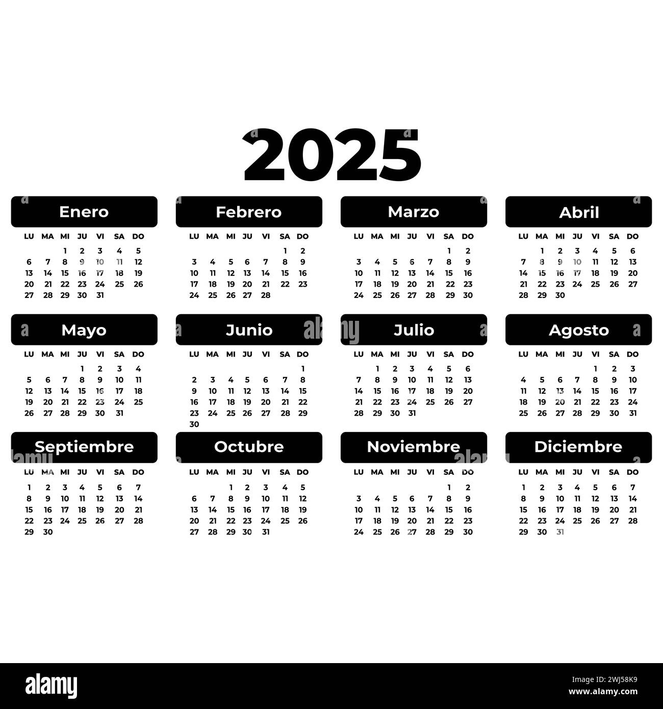 Spanish horizontal rectangular black calendar for 2025 year. Large bold font. Isolated vector image. Illustration template for design, planner Stock Vector