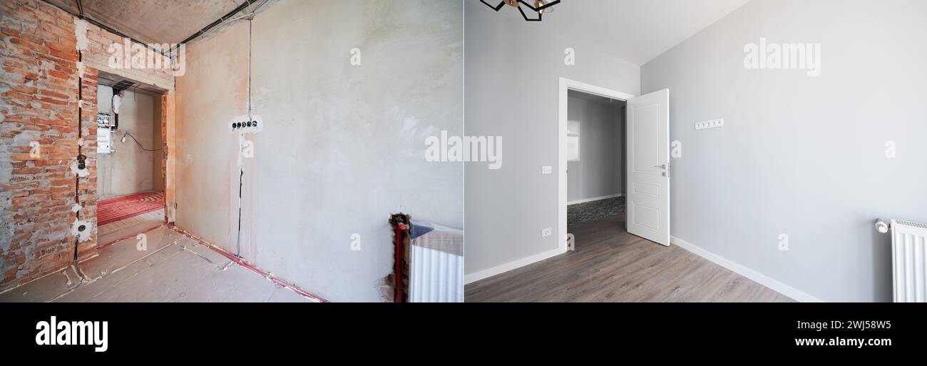 Curated visual reference: Photo Collage Of Apartment Room Before And After Restoration Or Photo Inspiration