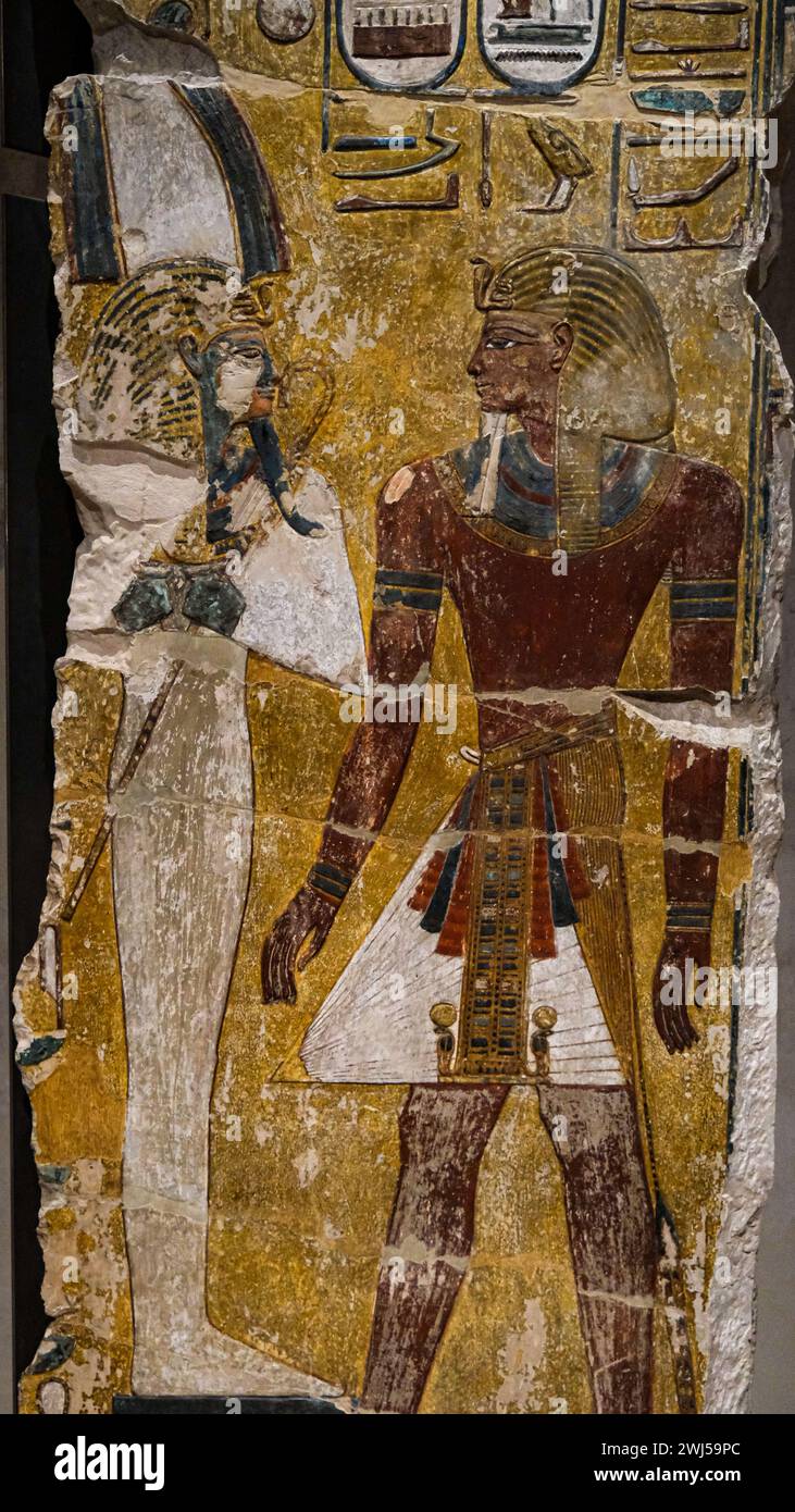 A close-up of the God of the underworld Osiris on the left and Kind Seti 1 from 19th Stock Photo