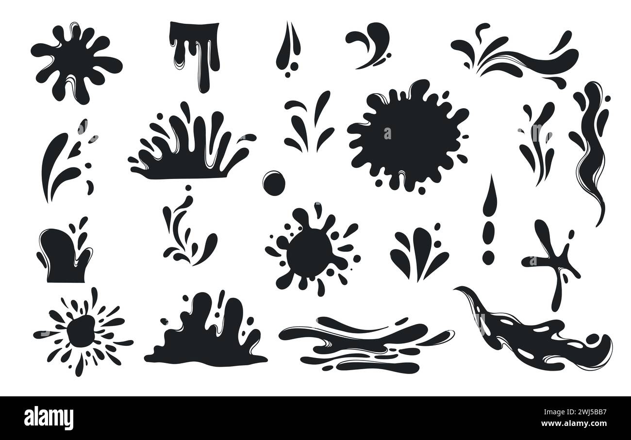 Black water splashes. Abstract wet splatter drops for tattoo design, river wave ripple stain splash simple marine environment doodle. Vector isolated Stock Vector