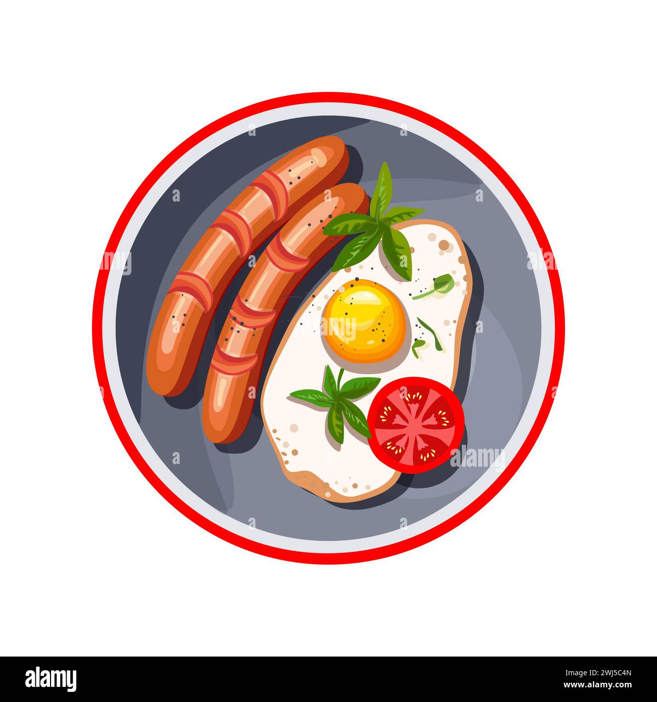 Scrambled eggs with sausages with fresh herbs. Realistic style. Fried