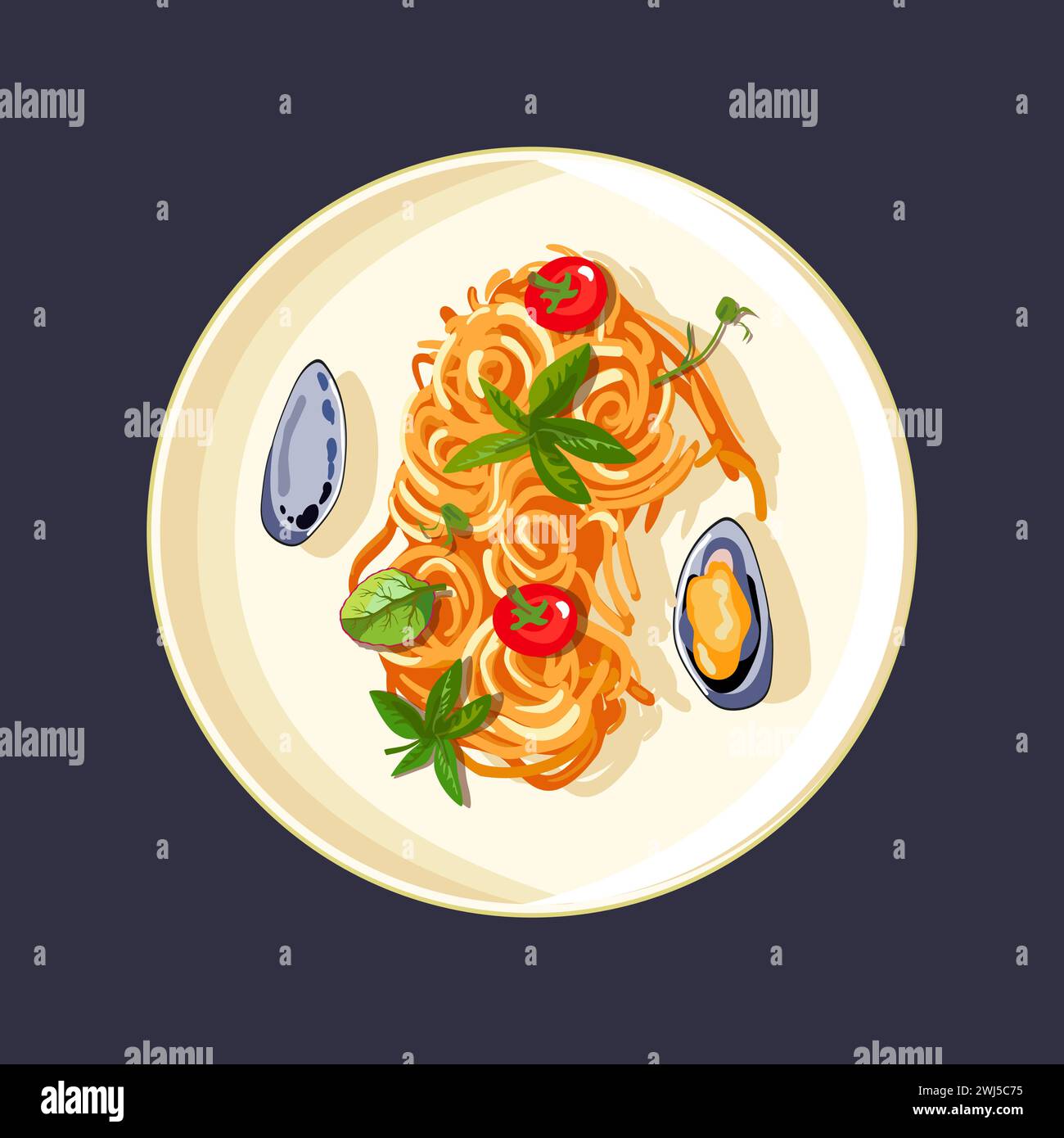 Paella with mussels in a plate. Cherry tomatoes with herbs. Healthy