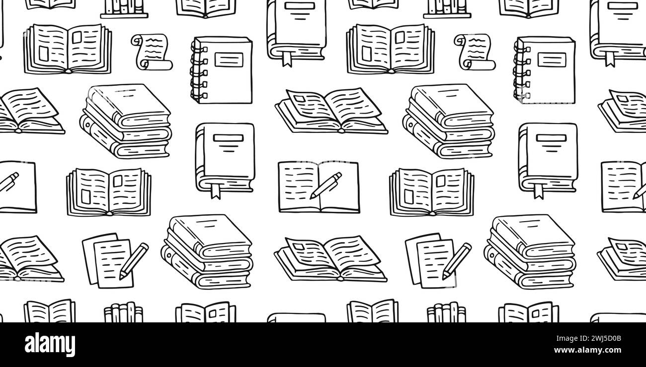 Books seamless pattern with doodle illustration. Literature education, library literature, open novel, dictionary, notes with pen, textbook line Stock Vector