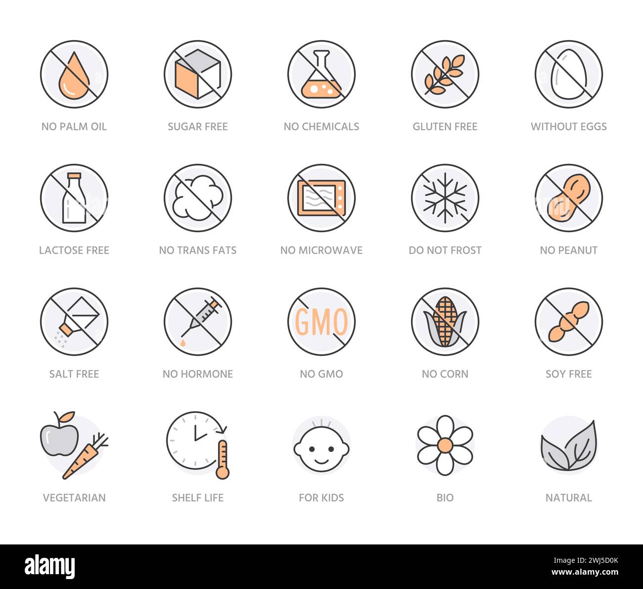 Natural food flat line icons set. Sugar, gluten free, no trans fats