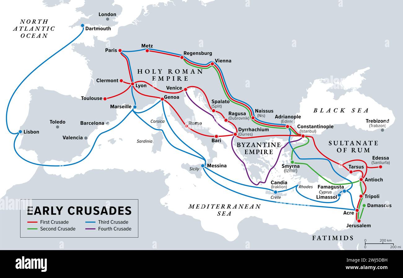 Early Crusades, gray history map. First four Crusades, a series of religious wars to the Holy Land, to conquer Jerusalem and its surrounding area. Stock Photo