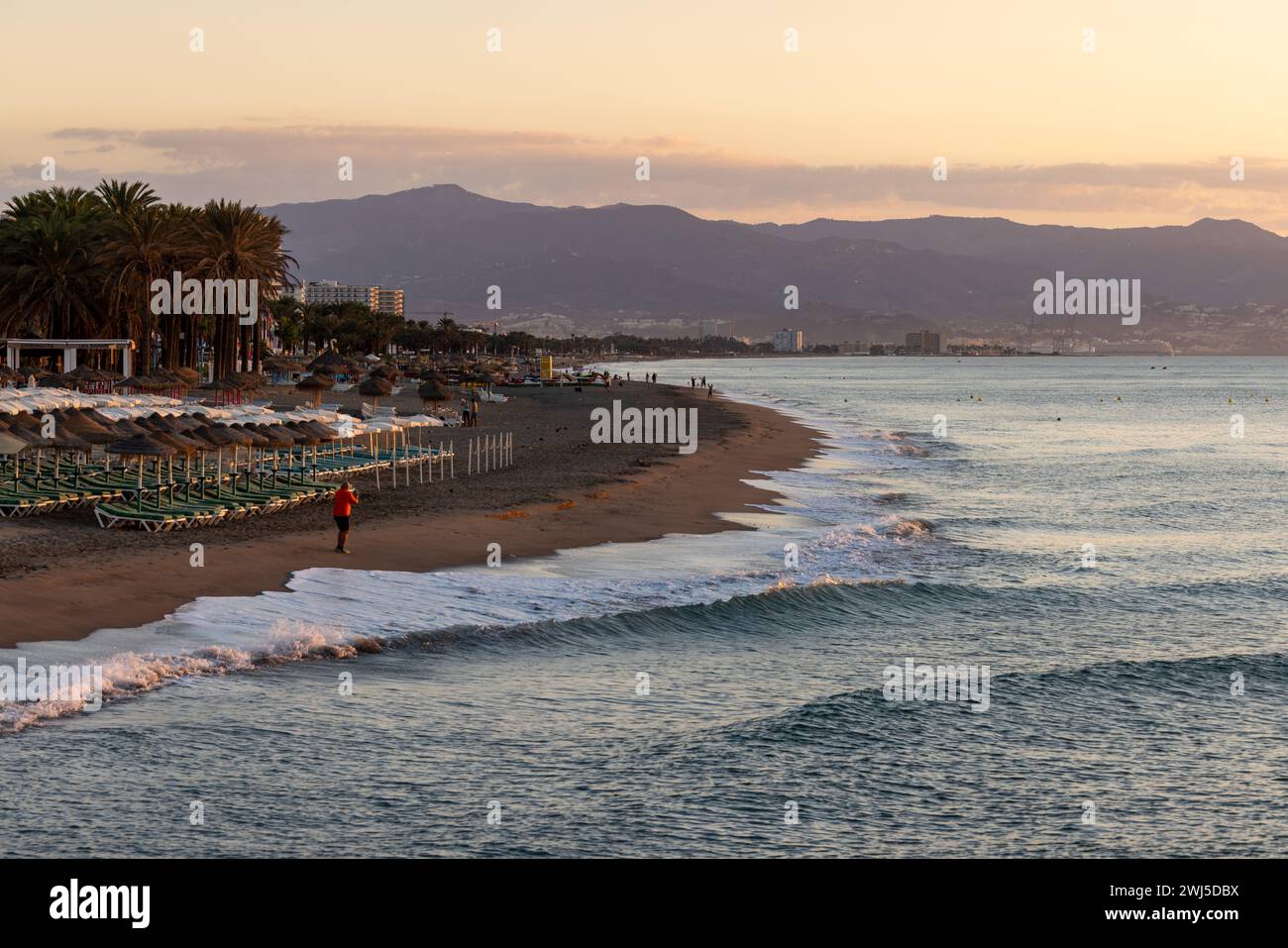 View of Bajondillo Beach in Torremolinos at sunrise. Costa del Sol, Spain. Stock Photo
