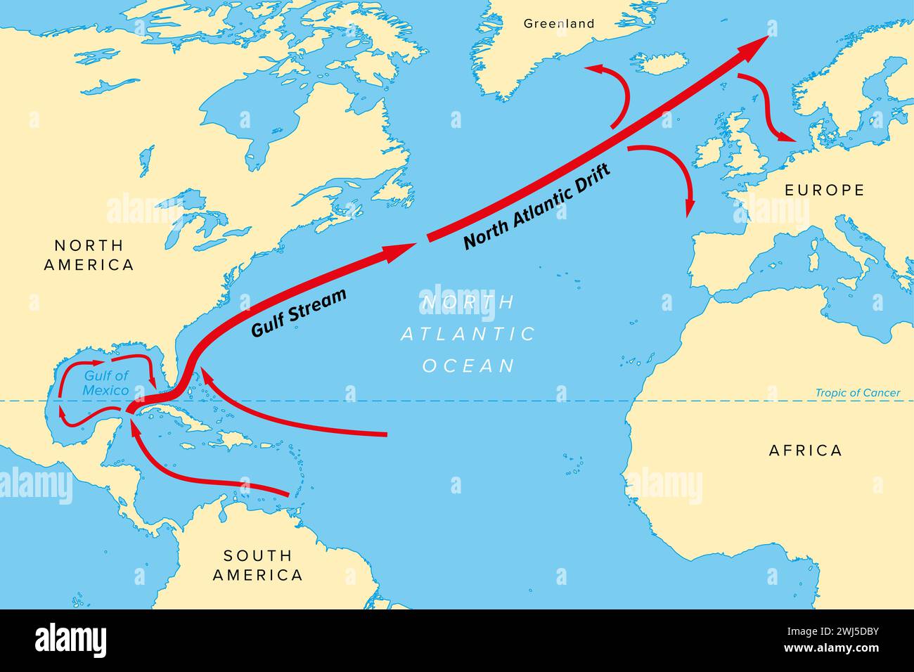 Map of the Gulf Stream with its northern extension North Atlantic Drift. Warm and swift Atlantic Ocean current, originates in Gulf of Mexico. Stock Photo