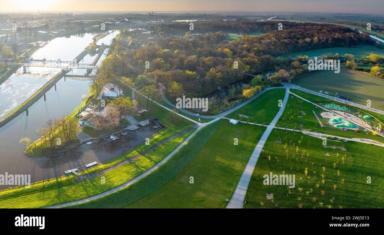 An aerial view of a bridge to Bolko Island in Opole, over River Oder in Poland Stock Photo