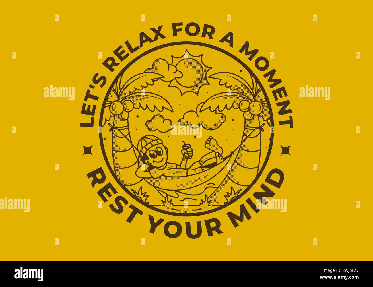 Rest your mind, let's relax for a moment. Retro illustration of a guy hanging on the hammock Stock Vector