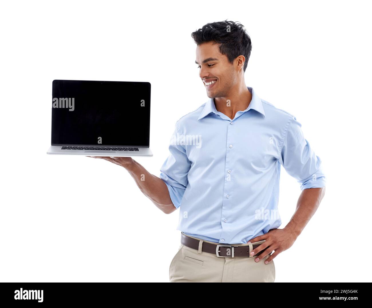 Business man, laptop and mockup screen for advertising, ads and information with technology in studio. Software, UX and marketing for web design with Stock Photo