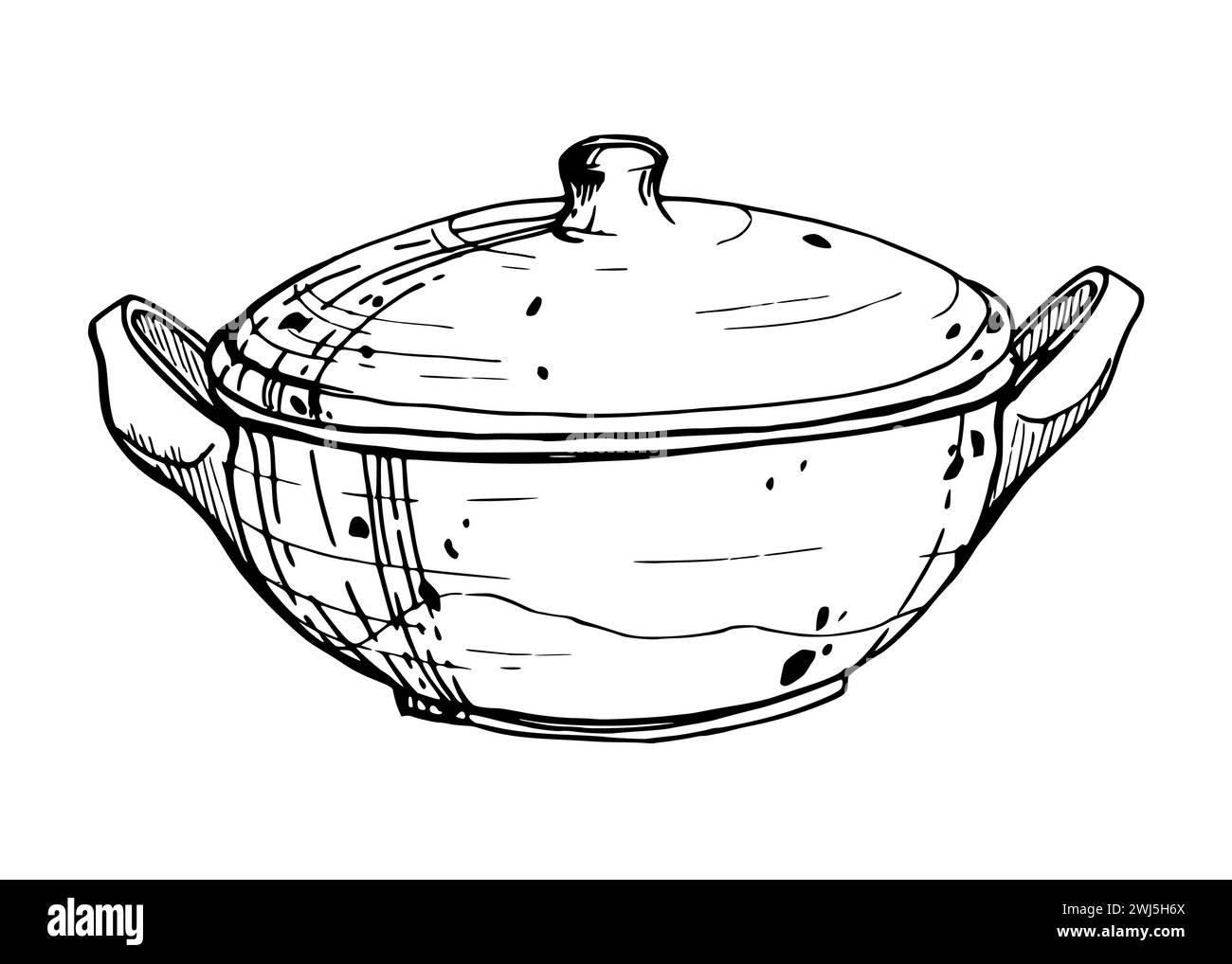 Hand drawn ink vector illustration, handmade traditional clay pottery