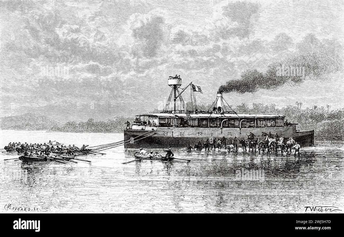 Refloating the gunboat. Tonkin, French Indochina. Vietnam, Asia. Thirty months in Tonkin 1885 by Doctor Charles Edouard Hocquard (1853 - 1911) Le Tour du Monde 1890 Stock Photo