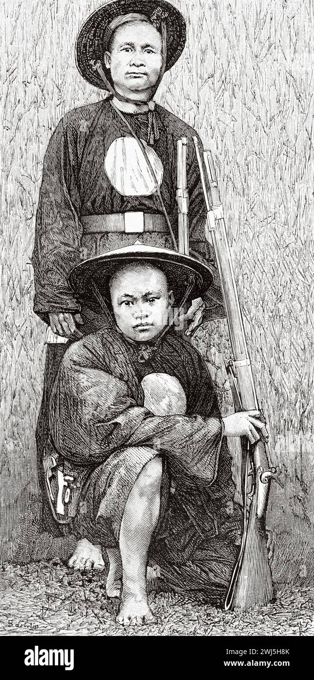 Tonkin Campaign. Black Flag Army soldiers, was a splinter remnant of a bandit group recruited largely from soldiers of ethnic Zhuang. Tonkin, French Indochina. Vietnam, Asia. Thirty months in Tonkin 1885 by Doctor Charles Edouard Hocquard (1853 - 1911) Le Tour du Monde 1890 Stock Photo