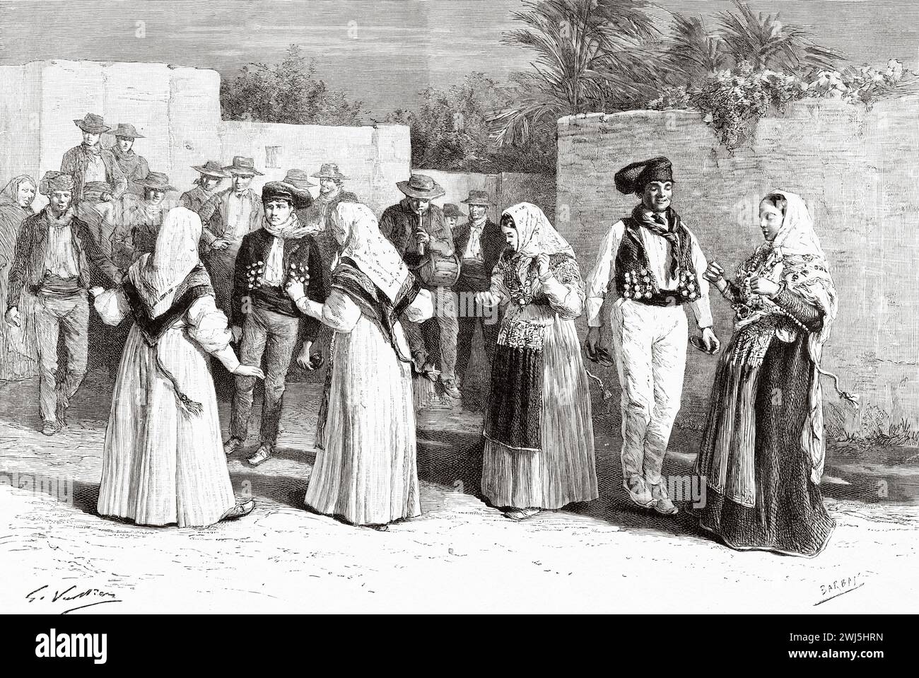 Traditional Ibizan dances in Santa Eulalia del Río village, Ibiza. Balearic island, Spain. Trip to the Balearic Islands Menorca and Cabrera 1888 by Gaston Charles Vuillier (1845 - 1915) Le Tour du Monde 1890 Stock Photo